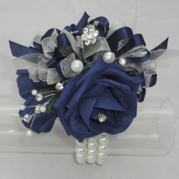 Navy Blue & White Prom Wrist Corsage